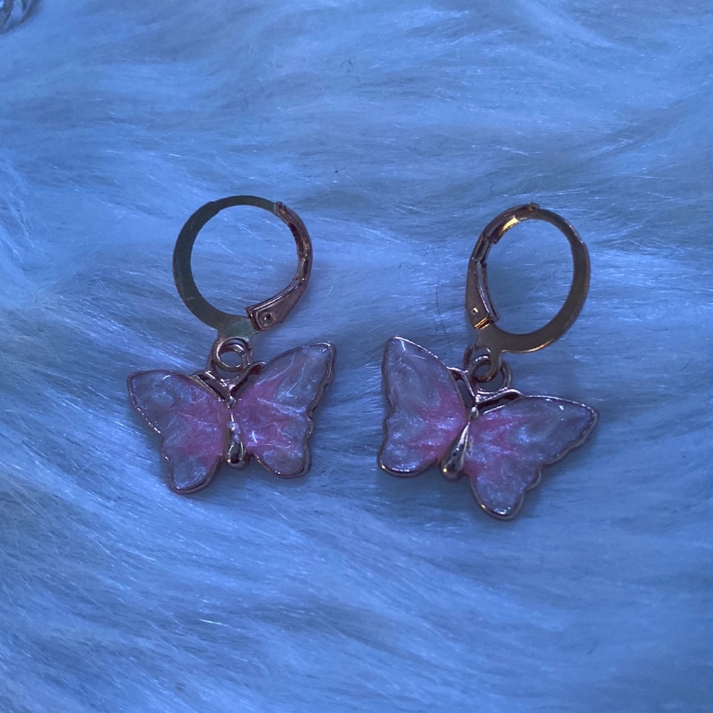 Pink Shimmer Butterfly Gold Earrings